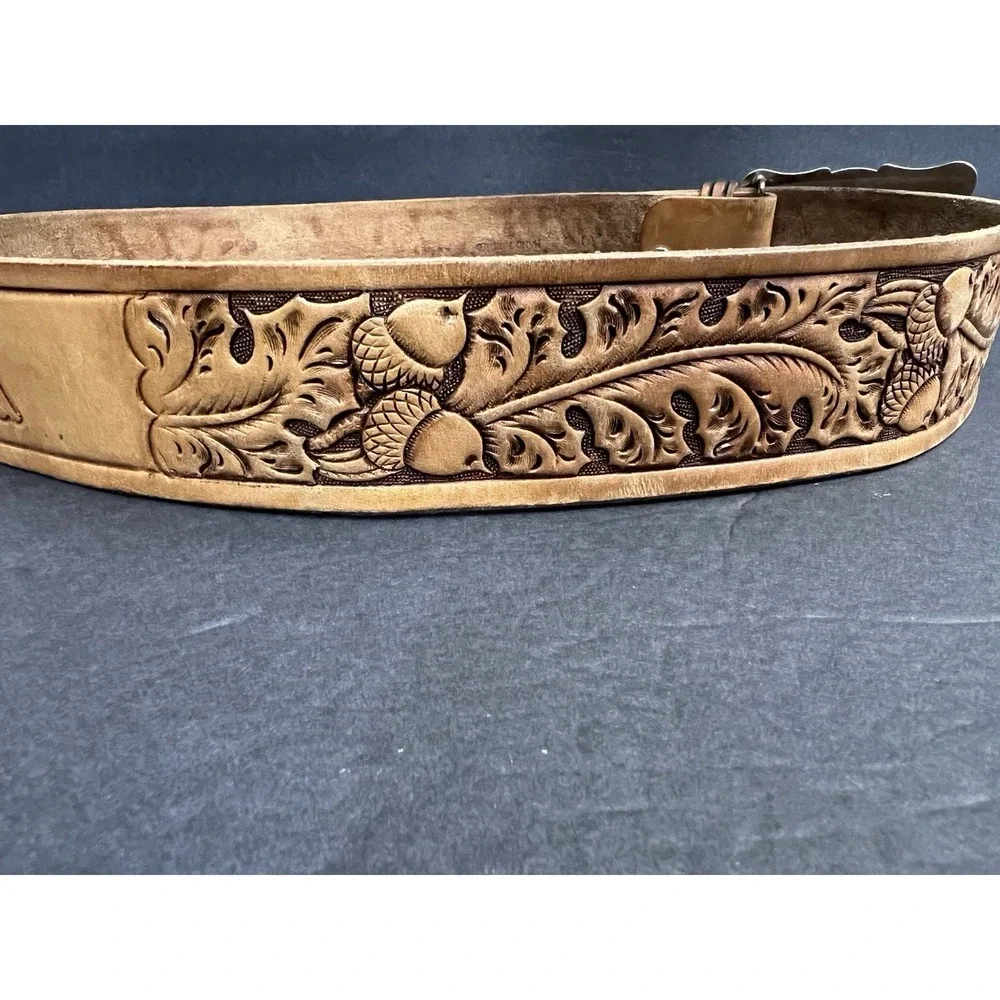 Vtg Western Tooled Leather Belt Sz 34 Nickle Silver Buckle Bronco Rodeo Cowboy